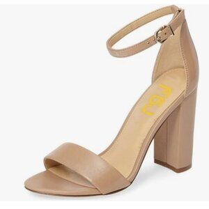FSJ Nude Chunky High Heel Sandals Open Toe Ankle Strap Single Band Dress Shoe